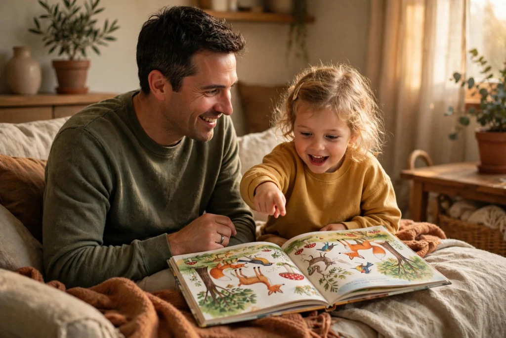 Parent and child reading a picture book together