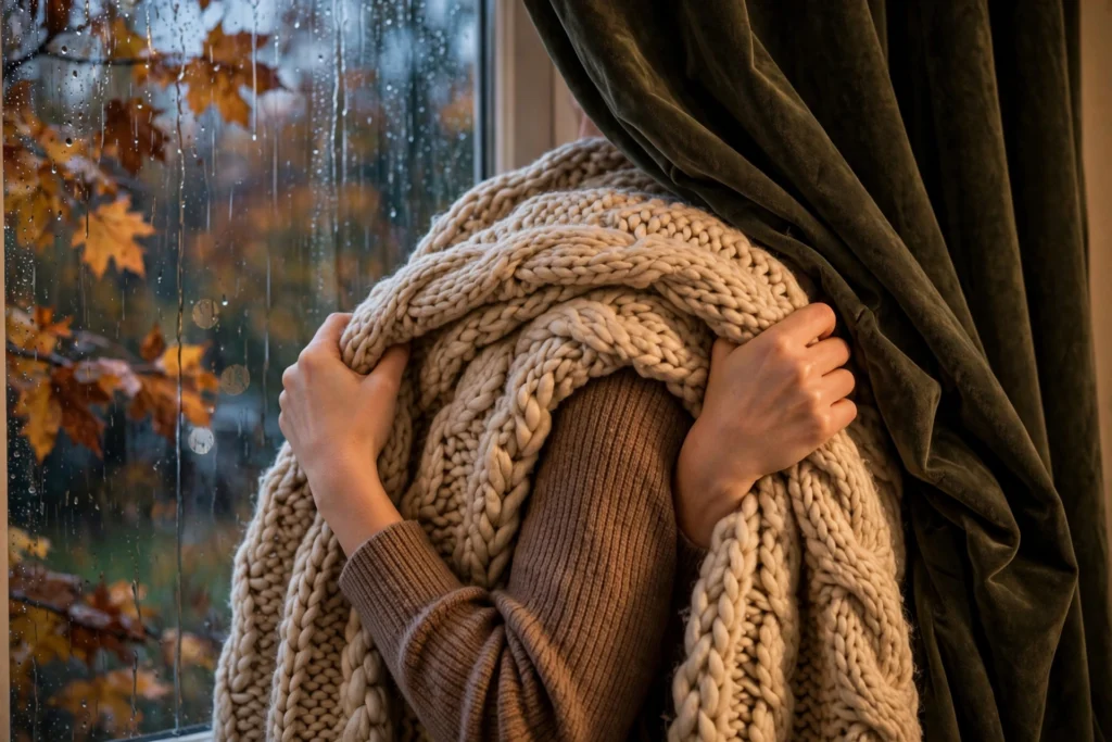Person wrapped in a knitted blanket beside a rainy autumn window